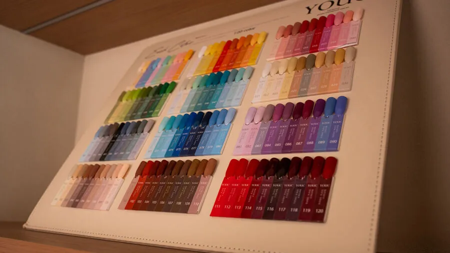 Nail color swatch board at Nova Selena Spa