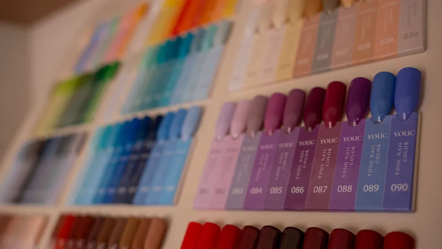 Close-up of nail polish color swatches